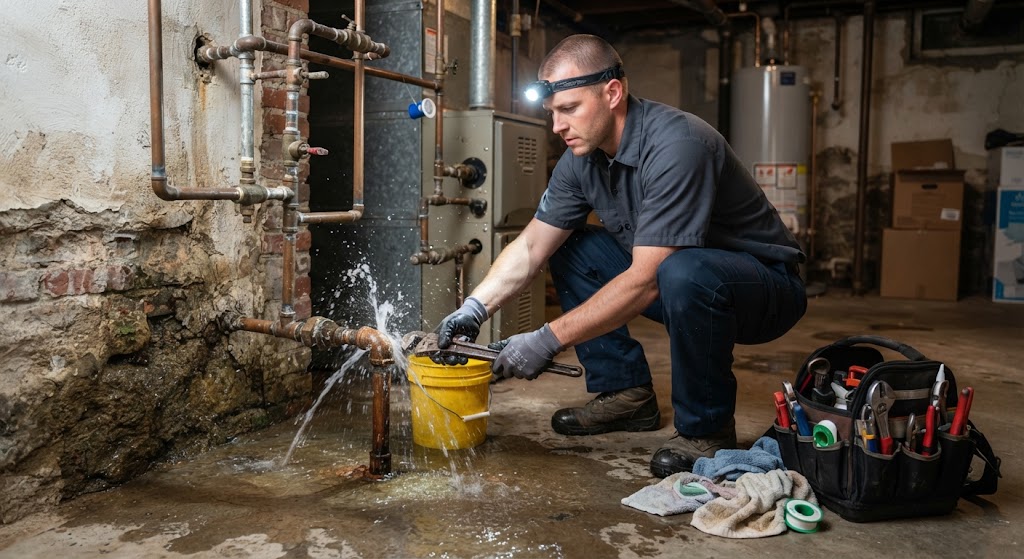 Plumber using acoustic leak detection equipment in Bloomfield NJ