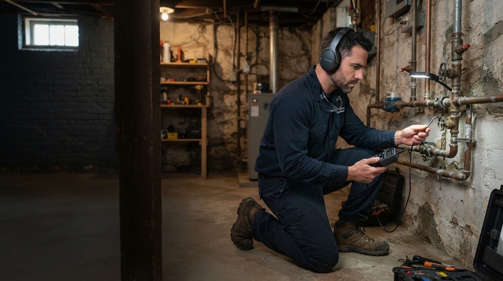 Plumber exposing a pipe leak behind a wall in Bloomfield