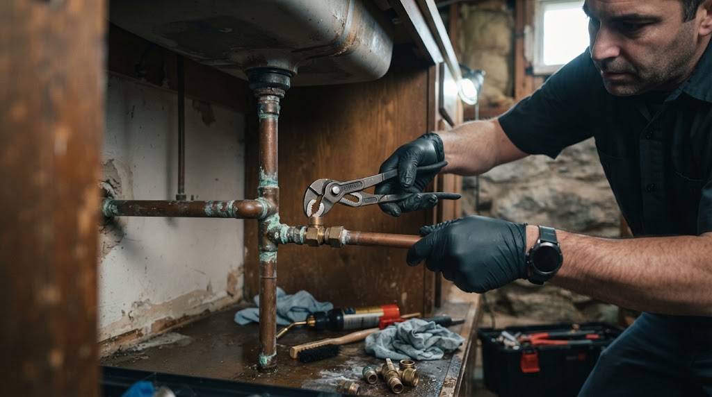 Plumber using acoustic equipment for underground water leak detection Bloomfield